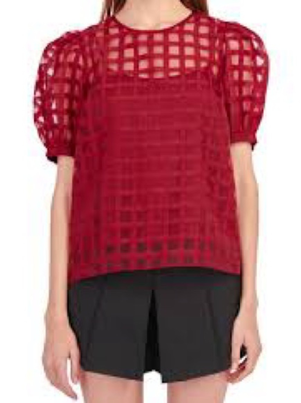 English Factory Red Grid Puff Sleeve Blouse